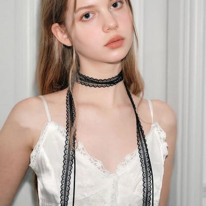 Lace Choker Necklace for Women Gothic Pearl Pendant Necklace Halloween Cosplay Jewelry - color: Long Black