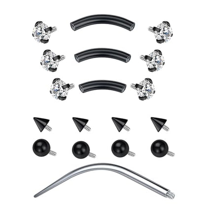 D.Bella 16G Eyebrow Piercing Jewelry Daith Rook Earrings Stianless Steel Internal Thread Curved Barbell Vertical Labret Lip Belly Ring Snug Tragus Piercing 8mm/10mm/12mm - color: black