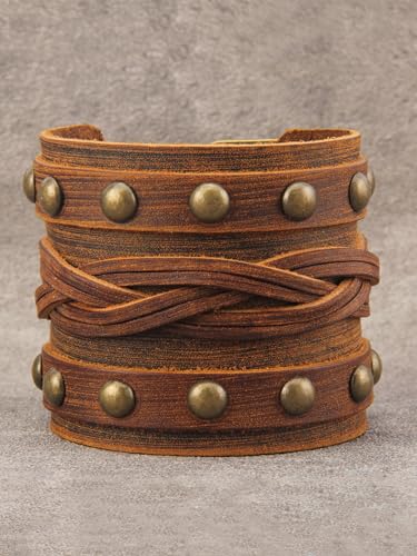 Jeilwiy Punk Leather Wristbands for Men Bracelets Handmade Wide Cuff Bangle Braided Jewelry Black Brown Adjustable - Punk Father's Gifts - color: Leather Brown Bracelet