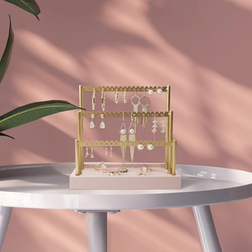SANY DAYO HOME 3-Tier Earring Holder Organizer Stand, 105 Holes Gold Metal Earring Rack Jewelry Display Tree with Pink Wood Tray for Women and Girls - color: Gold Rack Pink Base