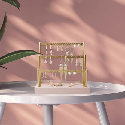 SANY DAYO HOME 3-Tier Earring Holder Organizer Stand, 105 Holes Gold Metal Earring Rack Jewelry Display Tree with Pink Wood Tray for Women and Girls - color: Gold Rack Pink Base