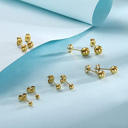 6 Pairs Surgical Stainless Steel Round Ball Stud Earrings Set for Women Men 3-7mm - style: 3/4/5/6/7mm Ball Stud Earrings Gold
