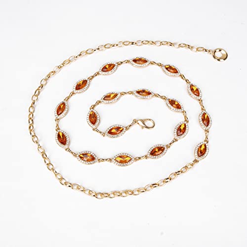 ILuvatar Green Glass Diamond Chain Belt - Metal Women's Western Style Dress Belt - color: Gold-orange