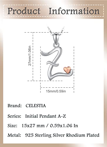 CELESTIA 925 Sterling Silver Initial Necklaces 26 Letter with Rose Gold Heart - 18 Inch Chain - color: Z-Initial