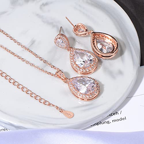 Bridal Jewelry Set for Wedding - 18k Plated Teardrop CZ Crystal Cubic Zirconia Rhinestone Necklace Earrings Set for Bride Bridesmaids Mother of Bride Party Prom Birthstone Costume Jewelry - color: 14k rose gold plated