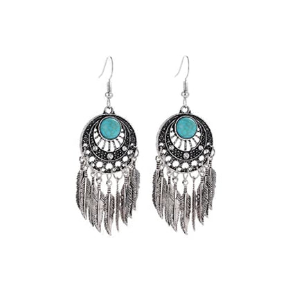 Boho Turquoise Feather Tassel Crescent Moon Dangle Earrings - Hypoallergenic, Leaf Bohemian Drop Earrings for Women - color: Silver