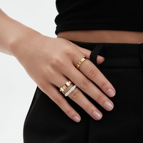Gold Silver Rings for Women Dainty 18K Gold Plated Cubic Zirconia Stacking Rings for Women Thumb Ring Set Love Friendship Dual Band Rings Promise Wedding Engagement Rings - color: Gold