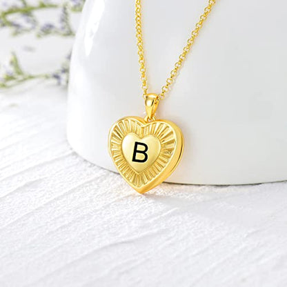 SOULMEET 10K 14K 18K Solid Yellow Gold/Plated Gold Locket Radiation Initial Heart Locket Necklace that Holds Pictures Personalized Photo Locket Necklace Alphabet A-Z - style: B-locket only