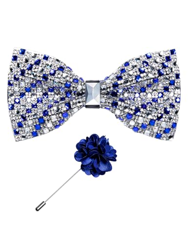 DiBanGu Mens Rhinestone Bow Tie with Ring and Lapel Pin Set | Adjustable Strap,Pre-tied Style,3PCS,Sequin Diamond Bowties，Solid/Mix Color,Shiny Accessory,for Party Prom Banquet Wedding - color: Royal Blue