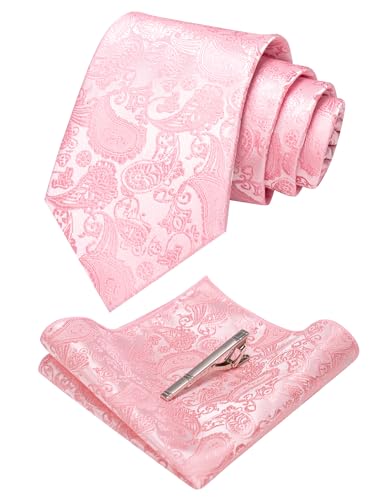 JEMYGINS Mens Solid Color Paisley Necktie and Pocket Square with Tie Clip Sets - color: Blush Pink