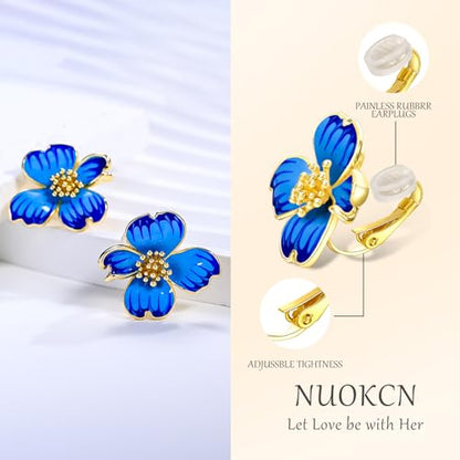 Clip on Earrings Women, 14K Gold Plated Earrings for Sensitive Ears, Fashion Women's Earrings Jewelry Birthday Gift for Wife Grandma Daughter Girls on Christmas Thanksgiving - color: Cherry Blossom Navy Blue Gradient Enamel Earrings