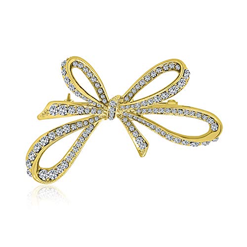 Winter Holiday Blue White Glittering Crystal Bridal Fashion Large Statement Ribbon Scarf Bow Brooch Pin For Women Rose Gold or Silver Plated - color: Gold Tone