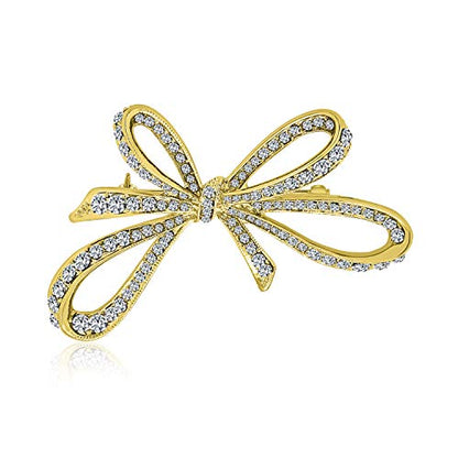 Winter Holiday Blue White Glittering Crystal Bridal Fashion Large Statement Ribbon Scarf Bow Brooch Pin For Women Rose Gold or Silver Plated - color: Gold Tone
