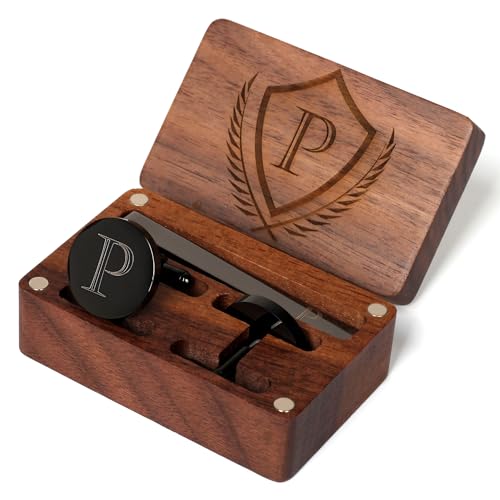 Mens Initial Cufflinks and Tie Clip A-Z Alphabet Letter Black Stainless Cuff Links Tie Bar with Engraved Walnut Wood Box Groom Groomsman Wedding Set - style: Classic-P