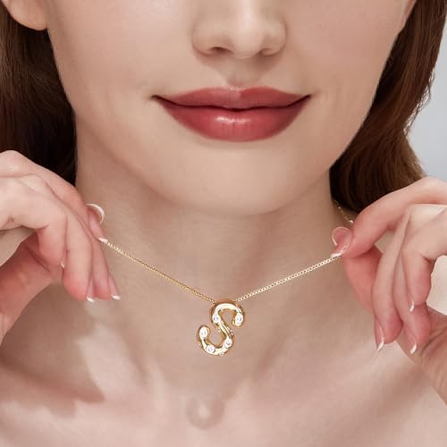 Cicy Bell Initial Necklace for Women 14k Gold Plated | Cubic Zirconia, Trendy, Personalized, Dainty Letter Pendant - color: S-Gold