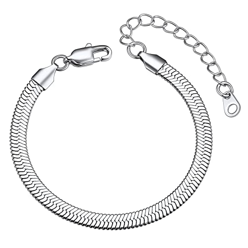 ChainsHouse Stainless Steel Herringbone Flat Chain Bracelets for Women,18K Gold/Rose Gold/Black Metal Paperclip/Snake/Cuban/Figaro Sterling Silver Link Charm Bracelet, 16+5cm Adjustable, With Gift Box - color: e. herringbone-stainless-6mm