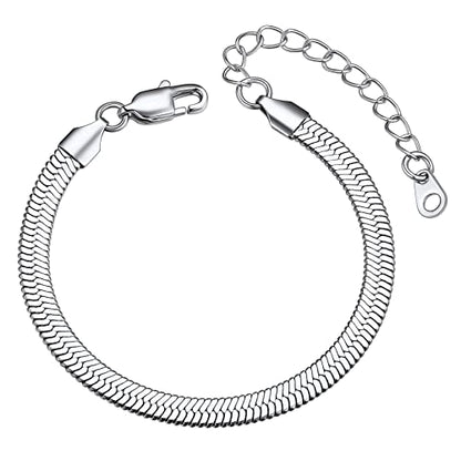 ChainsHouse Stainless Steel Herringbone Flat Chain Bracelets for Women,18K Gold/Rose Gold/Black Metal Paperclip/Snake/Cuban/Figaro Sterling Silver Link Charm Bracelet, 16+5cm Adjustable, With Gift Box - color: e. herringbone-stainless-6mm