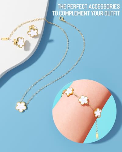 AICase Clover Jewelry Set,18K Gold Plated Lucky Clover Bracelet,Four Leaf Clover Necklace and Clover Earrings Fashion Jewelry Sets Gifts for Women/Mon - color: White