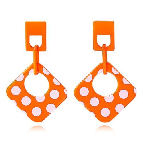 Handmade Lightweight Retro Polka Dot Square Hollow Round Dangle Drop Earrings Unique Chic Resin Geometric Stud Earrings For Women - style: Orange Chain
