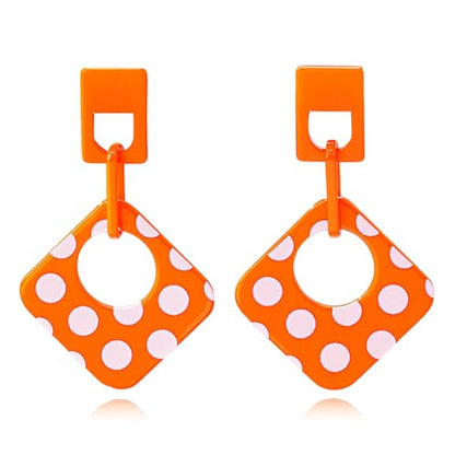 Handmade Lightweight Retro Polka Dot Square Hollow Round Dangle Drop Earrings Unique Chic Resin Geometric Stud Earrings For Women - style: Orange Chain