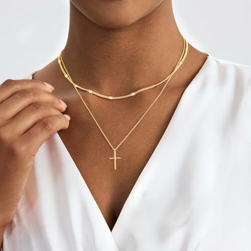 Airmb Cross Necklace for Women Gold/Silver Plated Layered Dainty Cross Chain Trendy Choker Satellite Charm Small Crucifix Pendant Gold/Silver Necklace Stackable Hypoallergenic Delicate Gift for Women - color: Gold-2PS Dot Chain