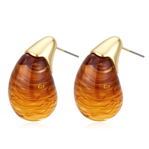 Chunky Gold Boho Hoop Dangle Earrings for Women Gold Plated Hypoallergenic Vintage Stainless Steel Resin Drop Prom Earrings Summer Prom Maximalist Jewelry Gift - color: Waterdrop/Amber Brown