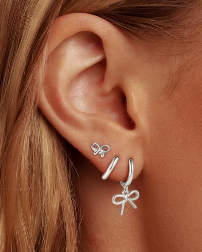 14K Gold Hoop Dangle Stud Earrings Surgical Steel Helix Piercing | Hypoallergenic,Cubic Zirconia,3 Pairs Huggie Hoop Set for Women,Dangle Stud,Cartilage Tragus Conch Earring,Jewelry Gift - color: L1-Silver Bow Earrings