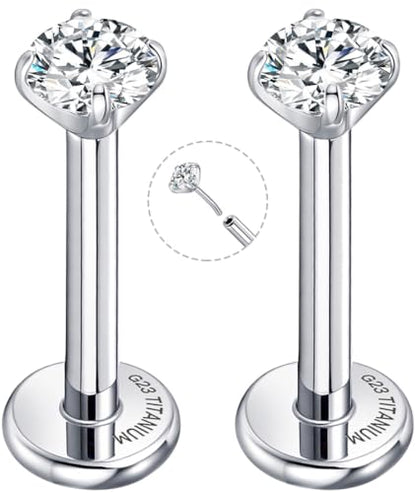 Threadless Flat Back Earrings for Tragus, Helix, Conch, Daith, Cartilage Piercings - G23 Titanium Flatback Stud Earrings with Grade AAAAA Cubic Zirconia - Threadless Flat Back Nose Stud Push Pin Ring Earring Studs (18g, 16g, 20g - 6mm, 8mm) - color: Silve
