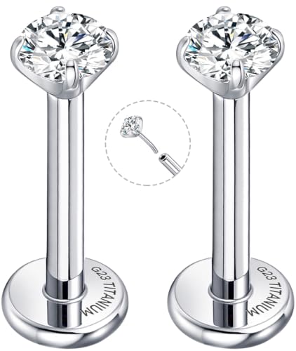 Threadless Flat Back Earrings for Tragus, Helix, Conch, Daith, Cartilage Piercings - G23 Titanium Flatback Stud Earrings with Grade AAAAA Cubic Zirconia - Threadless Flat Back Nose Stud Push Pin Ring Earring Studs (18g, 16g, 20g - 6mm, 8mm) - color: Silve