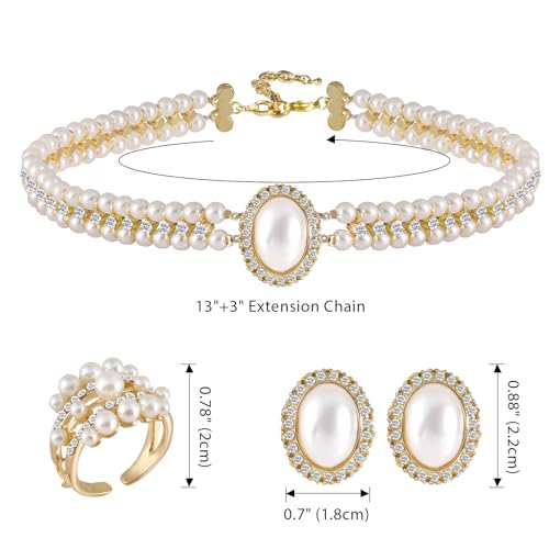 Pearl Jewelry Set for Women Faux Pearl Costume Jewelry Set with Necklace, Bracelets, Ring, Earrings for Wedding Bridal Birthday Tea Party - color: Milky White