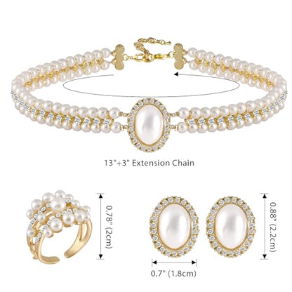 Pearl Jewelry Set for Women Faux Pearl Costume Jewelry Set with Necklace, Bracelets, Ring, Earrings for Wedding Bridal Birthday Tea Party - color: Milky White