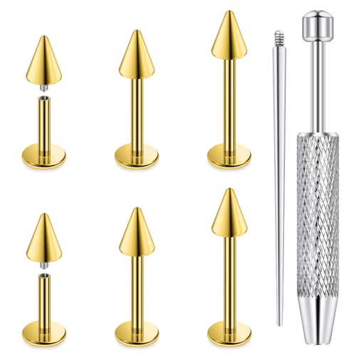 Internally Threaded Labret Studs 18G 16G 14G Surgical Steel Lip Piercing Jewelry with Claw Tool Monroe Snake Bite Jewelry Flat Back Barbell for Women Men Plus Piercing Ball Grabber Tool - color: goldtone, size: 14g,spike end