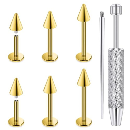 Internally Threaded Labret Studs 18G 16G 14G Surgical Steel Lip Piercing Jewelry with Claw Tool Monroe Snake Bite Jewelry Flat Back Barbell for Women Men Plus Piercing Ball Grabber Tool - color: goldtone, size: 14g,spike end