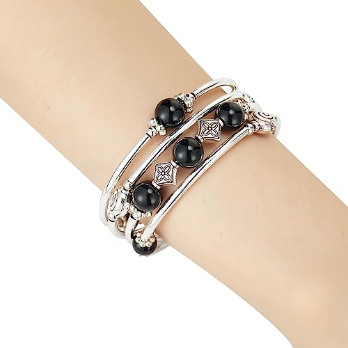 Beaded Pearl Bangle Wrap Bracelet - Fashion Bohemian Jewelry Multilayer Charm Bracelet with Thick Silver Metal Beads, Gift For Women - color: Black