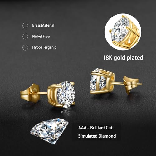 Gemsme 5 Pairs Princess Cut Cubic Zirconia Stud Earrings for Women/Men - 18K Gold Plated Hypoallergenic 3-7mm Square Clear CZ Earring Set - color: Gold