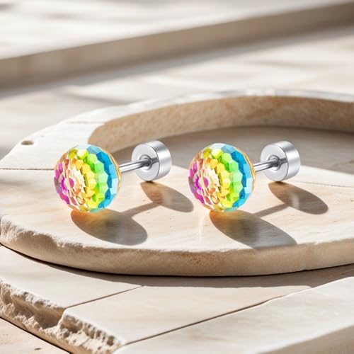 Dazzling Crystal Disco Ball Cartilage Stud Earrings for Women Mom Stainless Steel Austrian Colorful 6mm/8mm CZ Tragus Screw Flat Back Helix Tiny Studs Earring Fashion 60's 70's Jewelry Prom Party 20G - color: Colorful,6mm