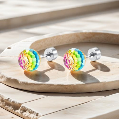 Dazzling Crystal Disco Ball Cartilage Stud Earrings for Women Mom Stainless Steel Austrian Colorful 6mm/8mm CZ Tragus Screw Flat Back Helix Tiny Studs Earring Fashion 60's 70's Jewelry Prom Party 20G - color: Colorful,6mm