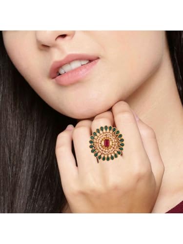 Efulgenz Indian Jewelry Ring Round Faux Pearl Crystal Adjustable Big Finger - color: Green