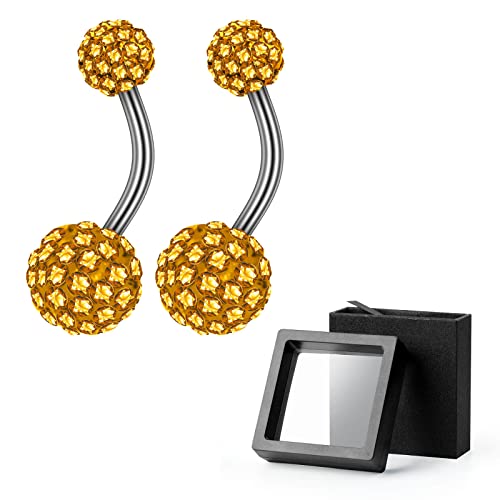 2-Piece 14G Belly Button Rings, Rhinestone Disco Balls | Hypoallergenic stainless steel with 5mm top and 8mm bottom rhinestone balls, gift-boxed navel piercing jewelry for women - color: Yellow