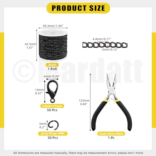 Mardatt 102Pcs Jewelry Making Chains Kit, 10 Yards Necklace Chains Jewelry Chains with 50Pcs Open Jump Rings, 50Pcs Lobster Clasps, Chain Nose Pliers for DIY Necklace Bracelet Jewelry Making (Black) - color: Black