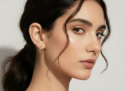SUENA BARCELONA 14K Gold Plated Twisted Hoop Earrings for Women – 15mm (0.6”) Small Dainty Chunky Hoops, Lightweight Hypoallergenic Rope Huggie Earrings, Secure Snap Closure | Spain Mediterranean Style, Elegant Gift for Her