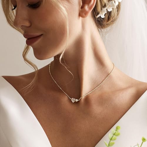 Pearl Necklaces for Women Trendy,14k Gold Plated Pearl Pendant Necklace Dainty Wedding Necklace Small Cute Gold Choker Necklace for Women Non Tarnish Gold Prom Jewelry Fashion Bridesmaids Gifts - color: heart pearl necklace