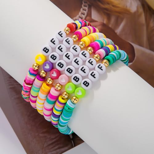 Friendship Bracelets for Women - Heishi Surfer Colorful Smile Evil Eye Clay Beaded Stretch Bracelets Elastic Layering - Stackable Boho Disc Y2K Aesthetic Summer Jewelry Set. - color: D-BFF