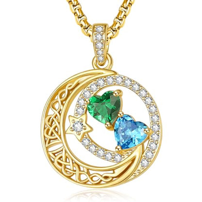14K Gold Moon and Star Double Birthstone Necklace Gifts for Women | 2 Heart Birthstone Necklace,Mothers Day Wedding Anniversary Birthday Gifts for Wife Mom Daughter Grandma Sister - color: 05-12-May-Dec Birthstone