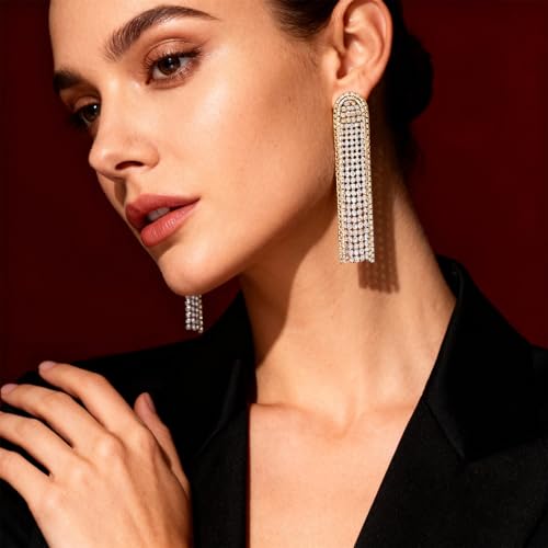 Fringe Dangling Tassel Earrings for Women, Handcrafted Chandelier Long Bohemian Beaded Cubic Zirconia Crystal Imitation Pearls Inlay Statement Boho Chain Hook Earrings for Wedding Party - color: Gold White Clear Crystal