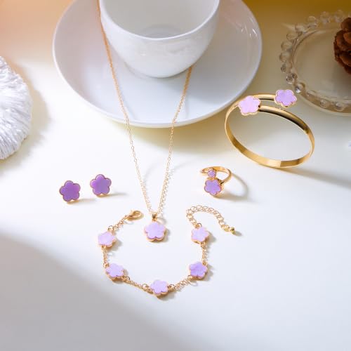 Clover Jewelry Set for Women Non Tarnish Gold-Tone Five Leaf Clover Necklace, Earrings, Ring, Bracelet Fashion Simple Floral Jewelry Set - color: Purple