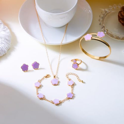 Clover Jewelry Set for Women Non Tarnish Gold-Tone Five Leaf Clover Necklace, Earrings, Ring, Bracelet Fashion Simple Floral Jewelry Set - color: Purple