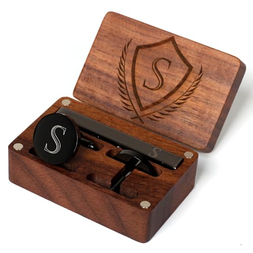 Mens Initial Cufflinks and Tie Clip A-Z Alphabet Letter Black Stainless Cuff Links Tie Bar with Engraved Walnut Wood Box Groom Groomsman Wedding Set - style: Classic-S
