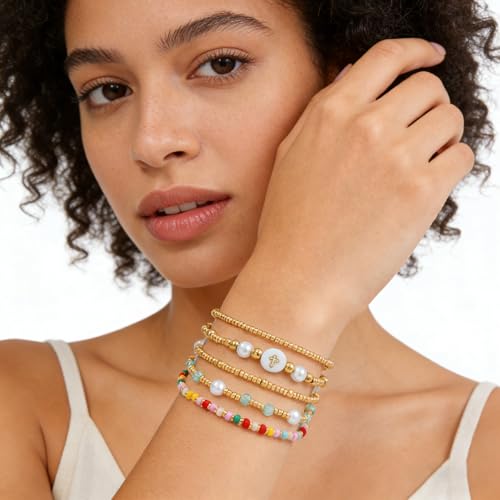 Dainty Gold Plated Pearl Crystal Beaded Bracelets Set for Women 14K Gold Plated Bead Pearl Beads Bracelet Stackable Paperclip Link Chain Bracelets Gold Plated Bracelets for Women Trendy Jewelry - color: Style9-multi layer3-5pcs