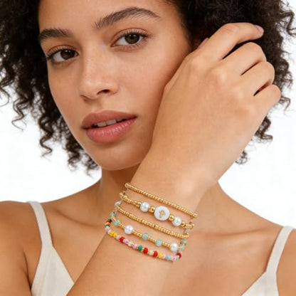 Dainty Gold Plated Pearl Crystal Beaded Bracelets Set for Women 14K Gold Plated Bead Pearl Beads Bracelet Stackable Paperclip Link Chain Bracelets Gold Plated Bracelets for Women Trendy Jewelry - color: Style9-multi layer3-5pcs